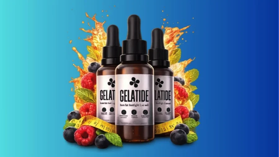 Three bottles of Gelatide liquid drops with berries and a measuring tape